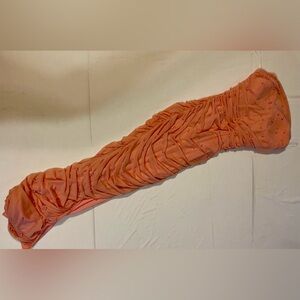 Strapless Coral Ruched Evening Gown with Beaded Accents